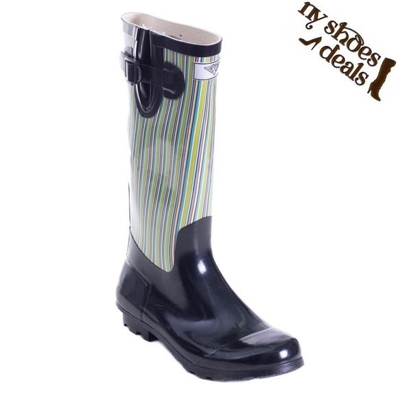Women Rubber Rain Boots, Black Retro Design Rainboots - Picture 1 of 3